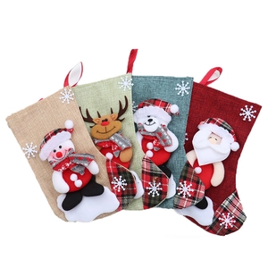 Christmas stockings set with 3D Santa, Snowman, Reindeer and Bear in rustic linen style