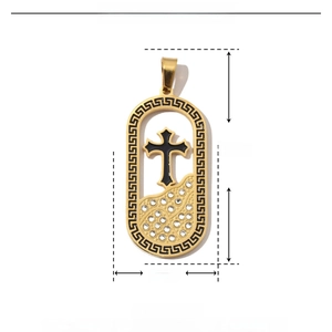 Golden stainless steel cross pendant size details with rhinestones and enamel inlay