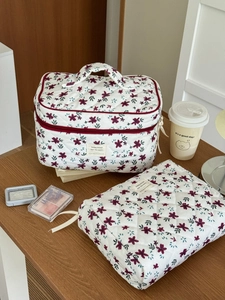 Detailed view of quilted floral cosmetic bags set on a wooden table with lifestyle props
