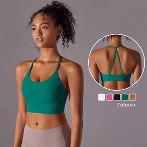 Women Naked Feeling Halter Yoga Bra Padded Sports Vest Sexy Cross Back Workout Tank Top High Elasticity Breathable Fitness Top