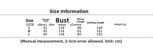 Size chart showing shoulder, bust, sleeve, and length measurements for the long wool coat