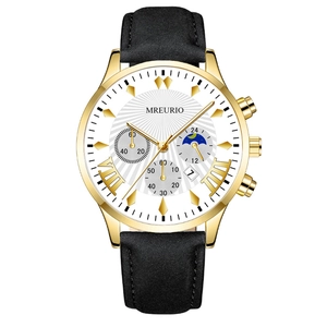 Orologio al quarzo da uomo con cassa dorata, quadrante cronografo bianco e cinturino in pelle