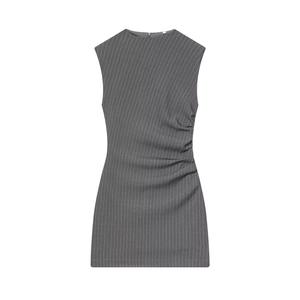 Women Sleeveless Pinstripe Mini Dress Elegant Crew Neck Ruched Side Polyester Office Fashion Lady