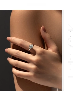 Detail of 2-carat moissanite ring with classic six-prong setting on silver band