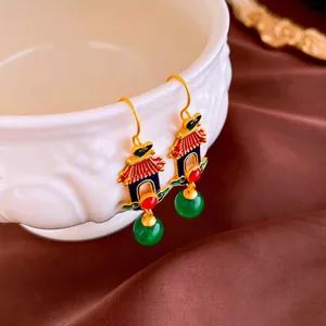 New Chinese palace style tassel earrings with gold heart pavilion and green beads