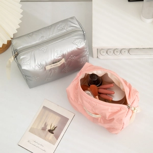 Quilted makeup bags with butterfly patterns in silver and pink, waterproof PU storage pouches