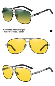 Detailed view of gunmetal aviator frame with yellow night vision lenses for driving