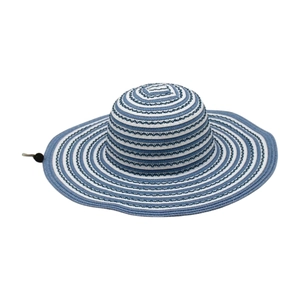 Cappello da sole pieghevole a righe blu e bianche da donna con tesa larga e laccio regolabile