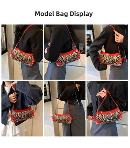 Collage of model showcasing leopard print underarm bag with red bow details and handle
