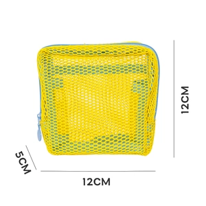 Detailed size view of yellow mesh beach toy storage bag with blue zipper, 12x12x5cm