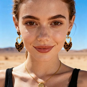 Leopard print heart earrings and gold necklace shown on a model in a desert setting