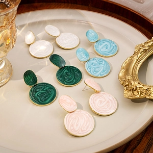 Vintage Geometric Round Drip Oil Earrings For Women Macaron Marble Texture Enamel Gold Alloy Double Circle Drop Earrings