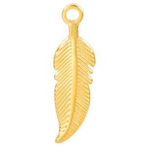 Detailed view of a gold feather pendant in stainless steel with realistic textures
