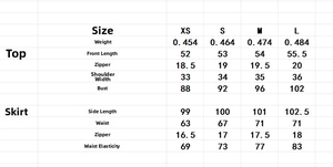 Detailed size chart for elegant sleeveless lace top and maxi skirt two-piece set