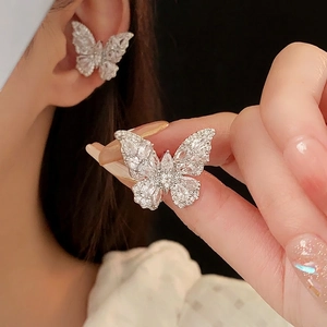 Butterfly Rhinestone Stud Earrings Ear Cuffs Alloy Silver Earring Post Elegant Jewelry For Women Fashion Gift