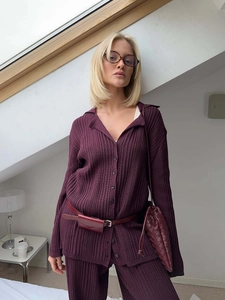 Deep purple pleated two-piece set featuring a POLO collar top and matching wide trousers