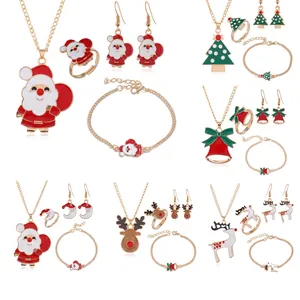 Christmas Alloy Santa Claus Reindeer Tree Bell Enamel Necklace Earrings Bracelet Adjustable Ring Holiday Jewelry Collection