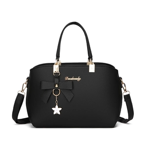 Modern black PU leather handbag with lychee texture and floral bow detail for women
