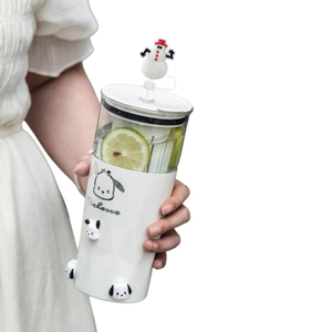 Christmas snowman silicone straw cover on 10mm straw with cute Pochacco character glass cup