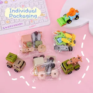 DIY assembly toy car set with dinosaur and military themes in individual OPP bags