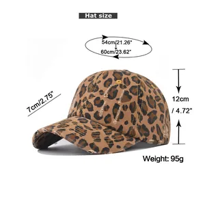 Size chart for leopard print baseball cap with adjustable strap and detailed dimensions