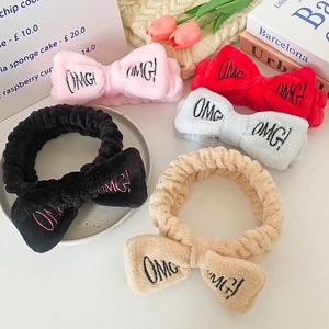 Set of colorful plush bow headbands with OMG embroidery for washing face and skincare