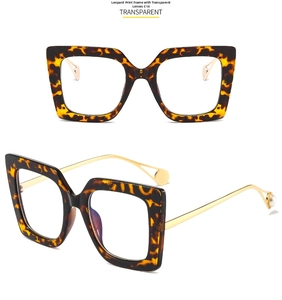 Detail view of square leopard print glasses with gold temples and pearl trim model C14