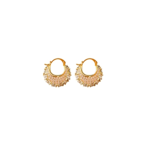 Elegant gold handbag hoop earrings with micro-pave pink zircon stones on white background