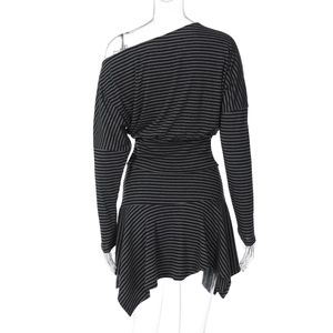 Rear view of striped off-shoulder long sleeve dress with irregular hem and slim fit cut