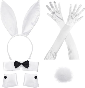 Detailed set of white satin bunny ears headband with matching long gloves and plush tail