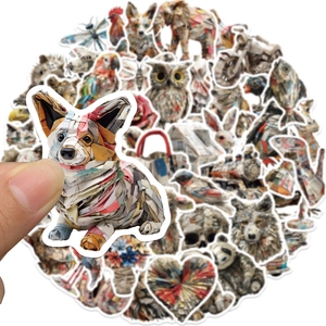 Artistic newspaper collage style animal stickers showing Corgi and wildlife designs