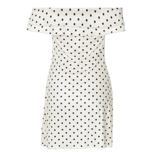 Detail shot of white off-shoulder mini dress with black polka dots and ruffle neckline