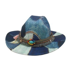 Retro Patchwork Denim Cowboy Hat Bohemian Ethnic Western Fedora With Turquoise Beads And Tassels For Travel Outdoor