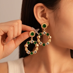 Vintage French Green Resin Round Hoop Earrings With Clear Rhinestones And Silver Earring Post Women Elegant Jewelry