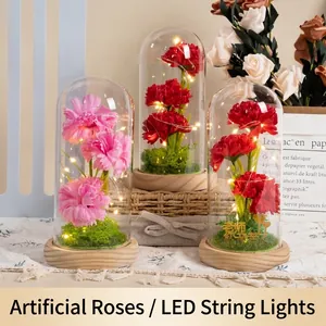 Artificial Carnation In Glass Dome Led Light Wood Base Soap Flower Desktop Ornament Gift Mother's Day Birthday