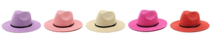 Straw fedora hats in five vibrant colors with black bands for summer beach sun protection