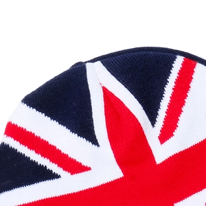 Close-up of Union Jack pattern knit texture on red, white and blue beanie hat