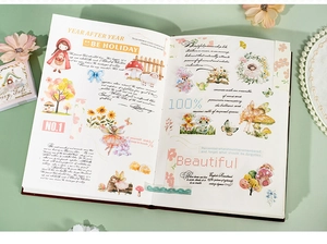 Detail of magical witch scrapbooking stickers with forest spirits and vintage elements