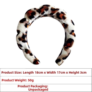 Leopard print plush headband dimensions 18x17x3cm showing soft velvet sponge padding