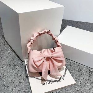 Sac à Épaule Nœud Plissé pour Femmes Cuir PU Poignée Scrunchie Petit Sac Bandoulière Avec Chaîne Argent Mode Sac à Main