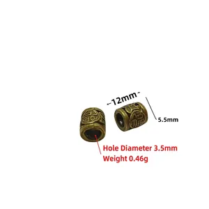 Detailed view of antique bronze barrel beads with Fu character and scroll pattern