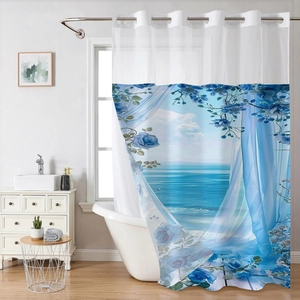 Detail of waterproof polyester shower curtain with blue roses and mesh window panel