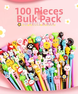 Bulk set of 100 cute cartoon gel pens featuring colorful silicone character toppers
