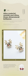 Detailed view of gold reindeer earrings with sparkling rhinestones for Christmas