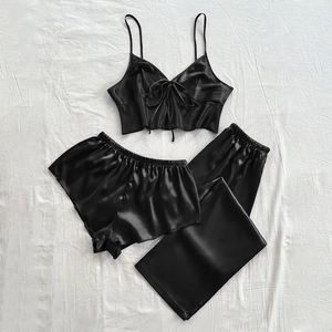 Three-piece black satin sleepwear set with camisole top, shorts and matching robe