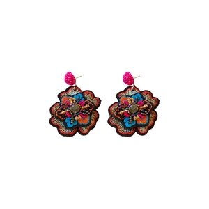 Ethnic embroidered flower stud earrings with colorful beads and rhinestones for women