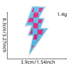 Size details of lightning bolt embroidery patch with pink and blue checkered pattern
