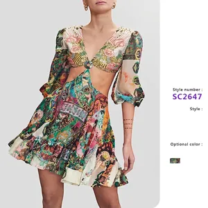 Bohemian Print Mini Dress Polyester Sequin V-Neck Lantern Sleeve Cut-out Waist Elegant Vacation Fashion For Women