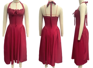 Three-view display of wine red halter dress showing lace trim, bow, and open back detail
