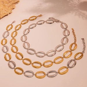 Polished 18k gold and silver oval link stainless steel necklaces jewelry set for women
